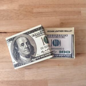 NWOT Bifold Wallet Vegan Leather with $100 Hundred Dollar Print